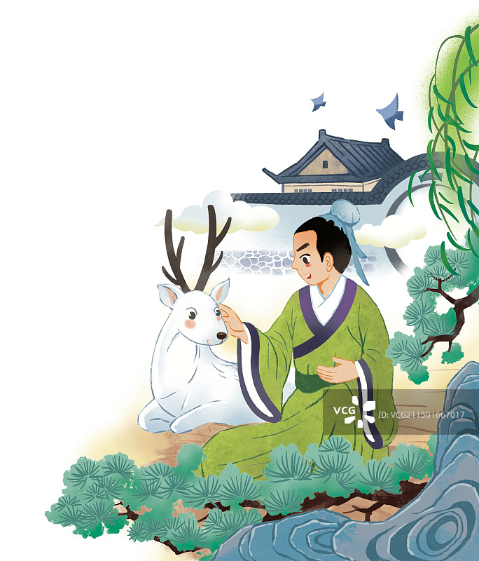 彩色卡通插画古代人物白鹿神话传说书生图片素材