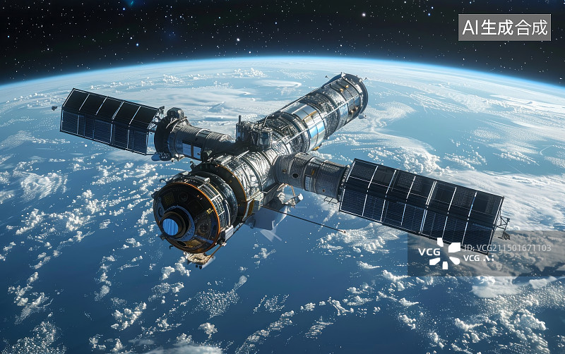【AI数字艺术】在地球轨道上运行的科技空间站图片素材