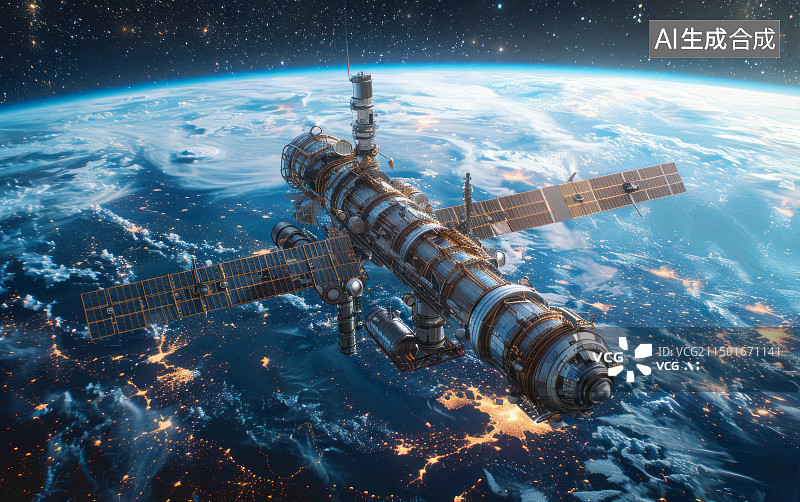 【AI数字艺术】在地球轨道上运行的科技空间站图片素材