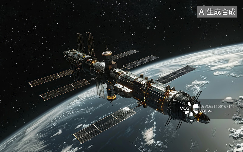 【AI数字艺术】在地球轨道上运行的科技空间站图片素材