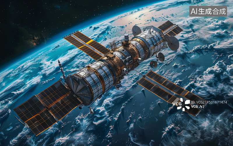 【AI数字艺术】在地球轨道上运行的科技空间站图片素材