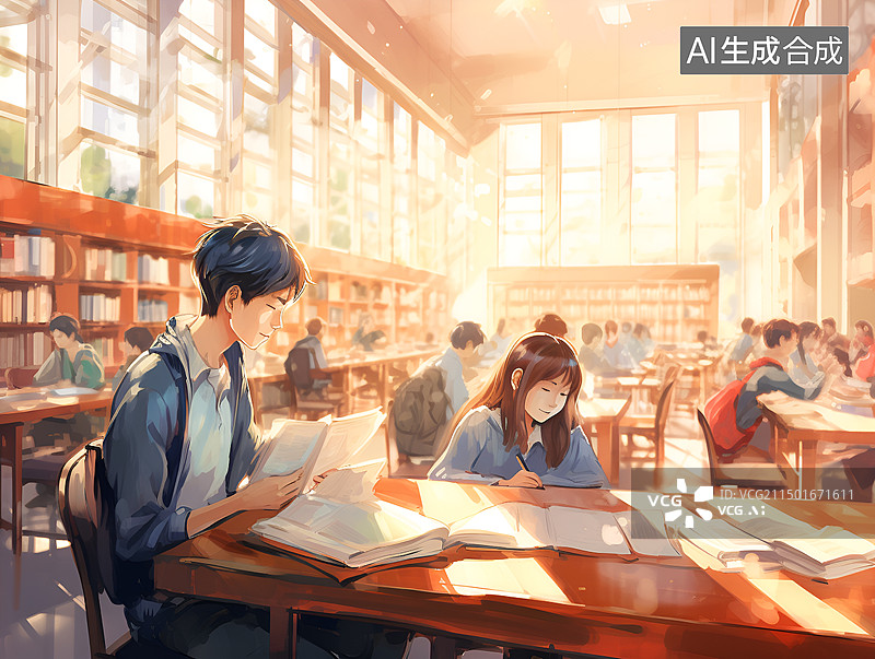 【AI数字艺术】大学生在图书馆学习图片素材