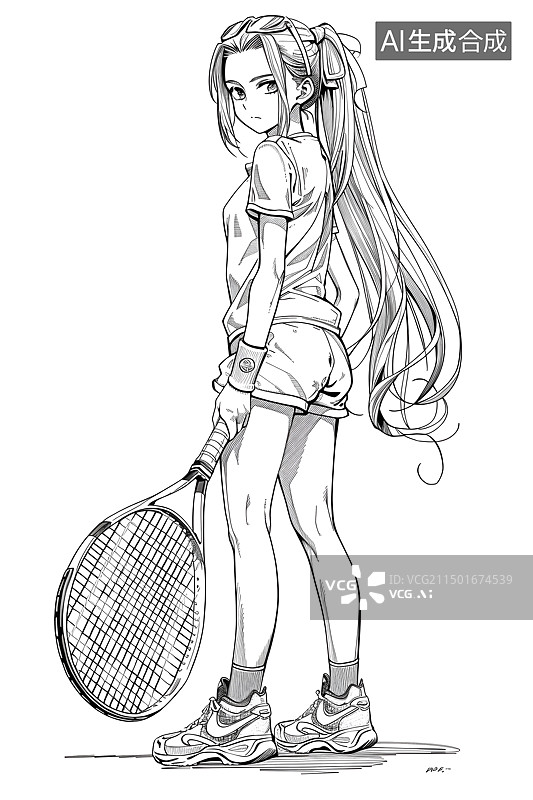 【AI数字艺术】正在打网球的漂亮女生简笔画图片素材