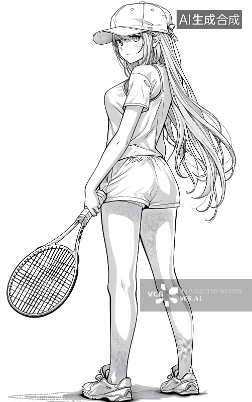 【AI数字艺术】正在打网球的漂亮女生简笔画图片素材