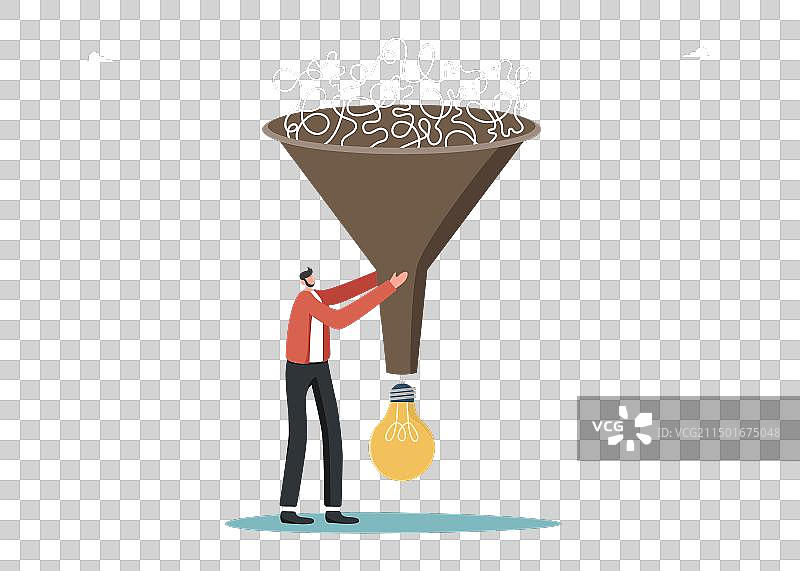 男人用漏斗将想法变成灯泡图片素材