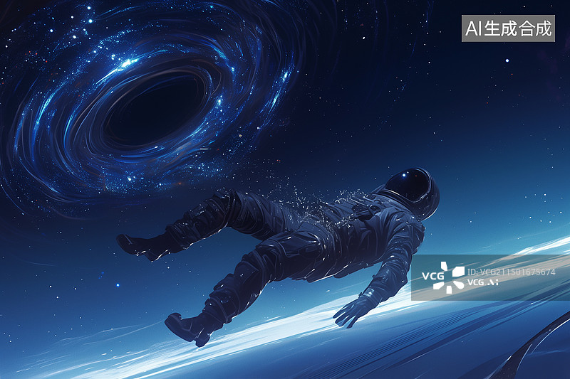 【AI数字艺术】科幻未来太空中宇航员被黑洞吸引3D插画图片素材