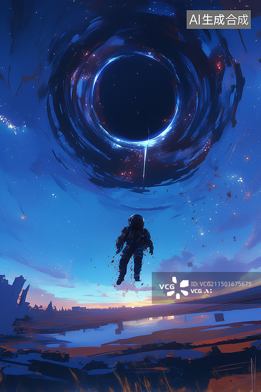 【AI数字艺术】科幻未来太空中宇航员被黑洞吸引3D插画图片素材