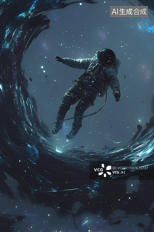 【AI数字艺术】科幻未来太空中宇航员被黑洞吸引3D插画图片素材