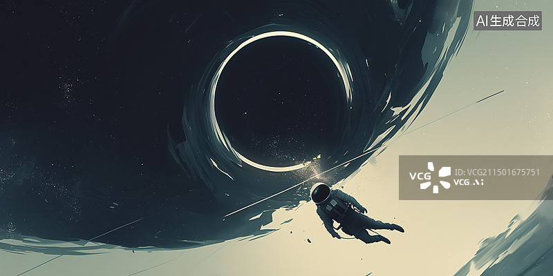 【AI数字艺术】科幻未来太空中宇航员被黑洞吸引3D插画图片素材