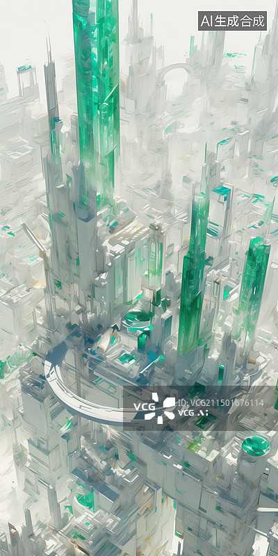 【AI数字艺术】高耸的现代城市绿色建筑晶体模型3D卡通插画图片素材