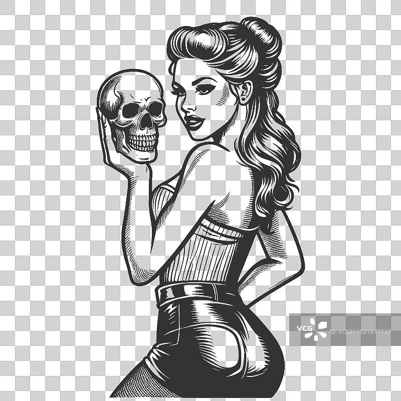 拿着骷髅雕刻素描的性感女郎图片素材