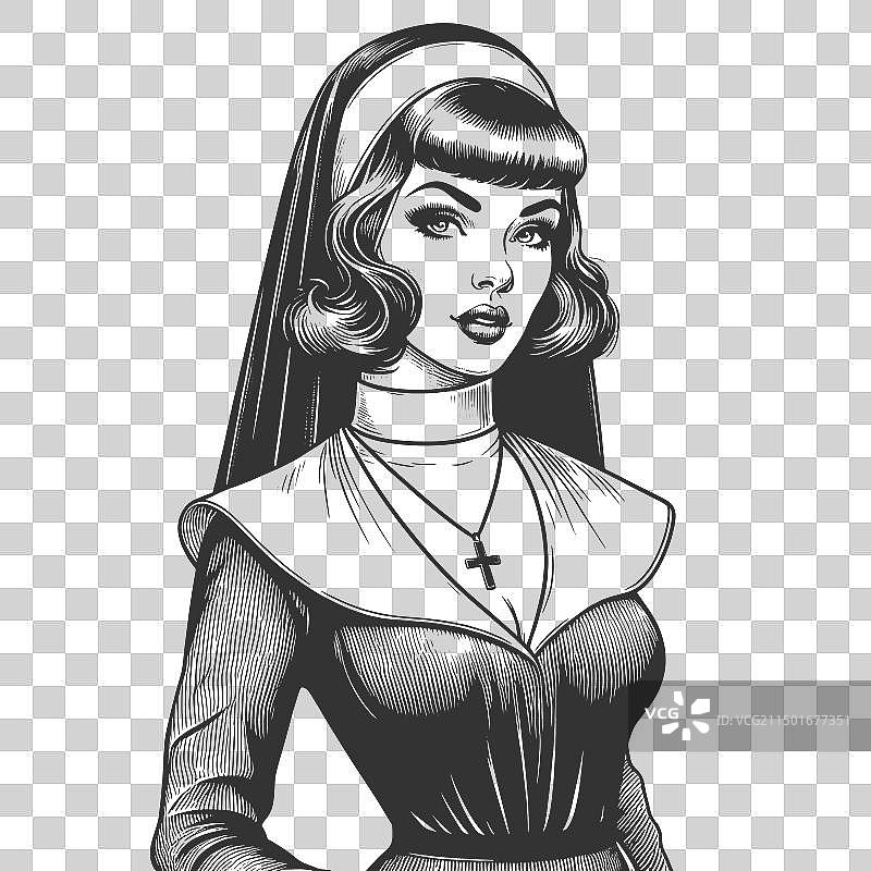 修女海报女郎雕刻草图图片素材