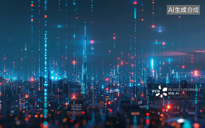 【AI数字艺术】夜间城市天际线全景图，光束和数据流连接建筑物，云层带有微妙的粉色高光，象征通过技术和通信实现全球连接图片素材