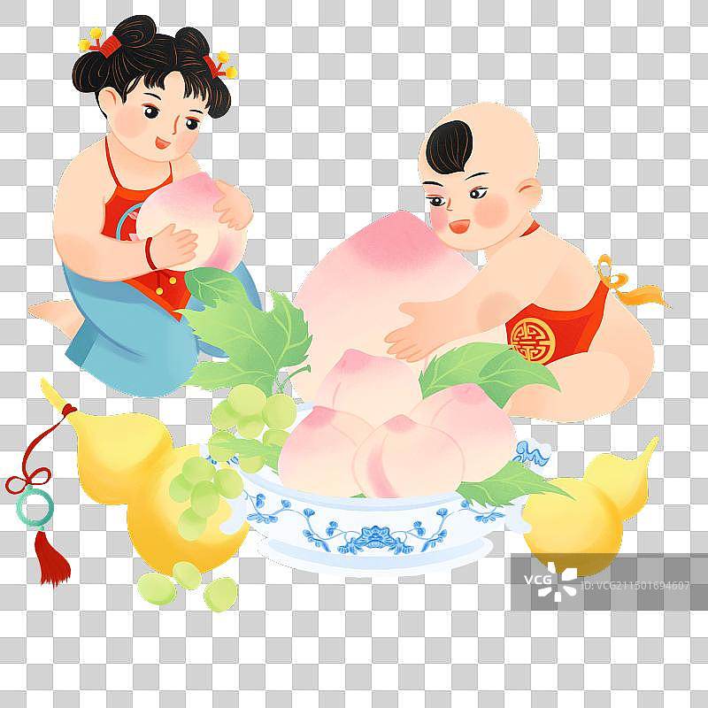 中国传统文化娃娃可爱桃子葡萄葫芦吉祥插画图片素材
