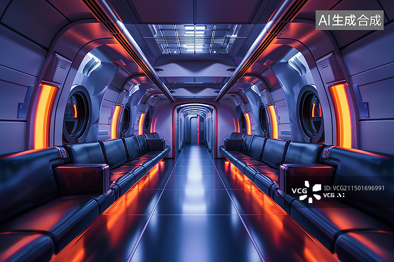 【AI数字艺术】未来风格的白色背景，圆角，门框顶部有矩形开口，前方有方形窗户，顶部有灯箱照明，大型金属表面图片素材