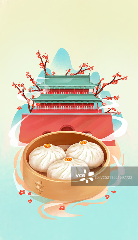 江苏南京钟鼓楼和特色美食 蟹黄汤包插画图片素材