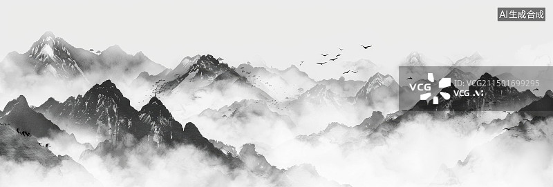 【AI数字艺术】中式水墨山水画风格背景图片素材