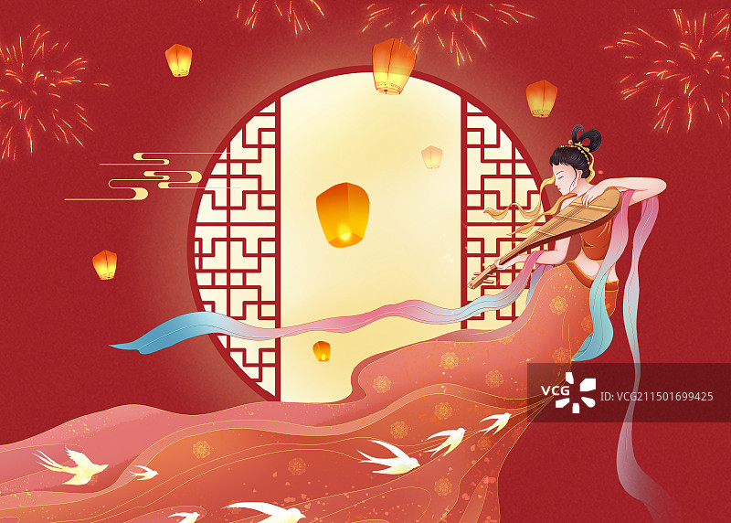 国潮风节日系列-中秋节 嫦娥飞舞在满月旁弹琵琶 开窗赏月放孔明灯 赏烟花 横版图片素材