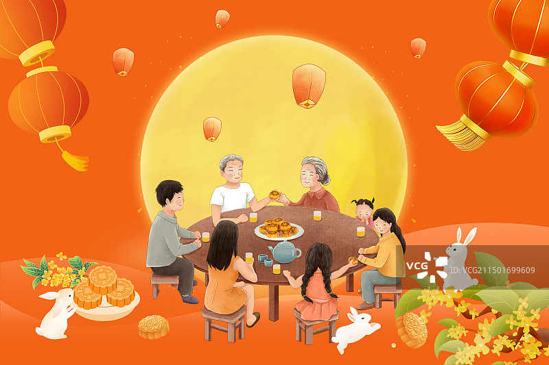 国潮风节日系列-中秋节 一家人围坐在月饼房子前团聚吃月饼 几只兔子打闹嬉戏 喜庆橙色背景 横版图片素材