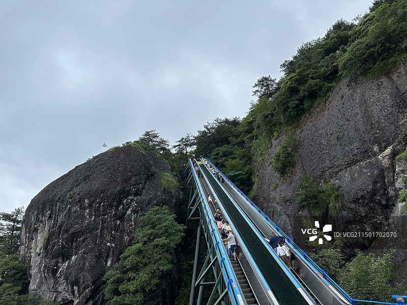 台州神仙居景区的登山电梯，登山自动扶梯，和山峰图片素材