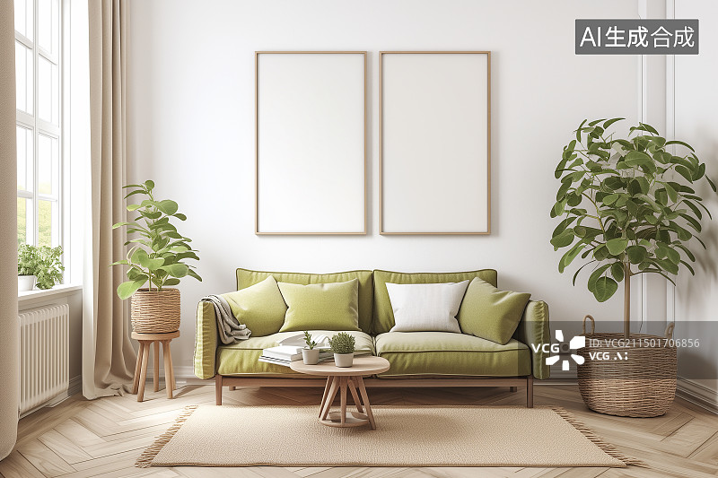 【AI数字艺术】米白色客厅沙发上的空白画框图片素材