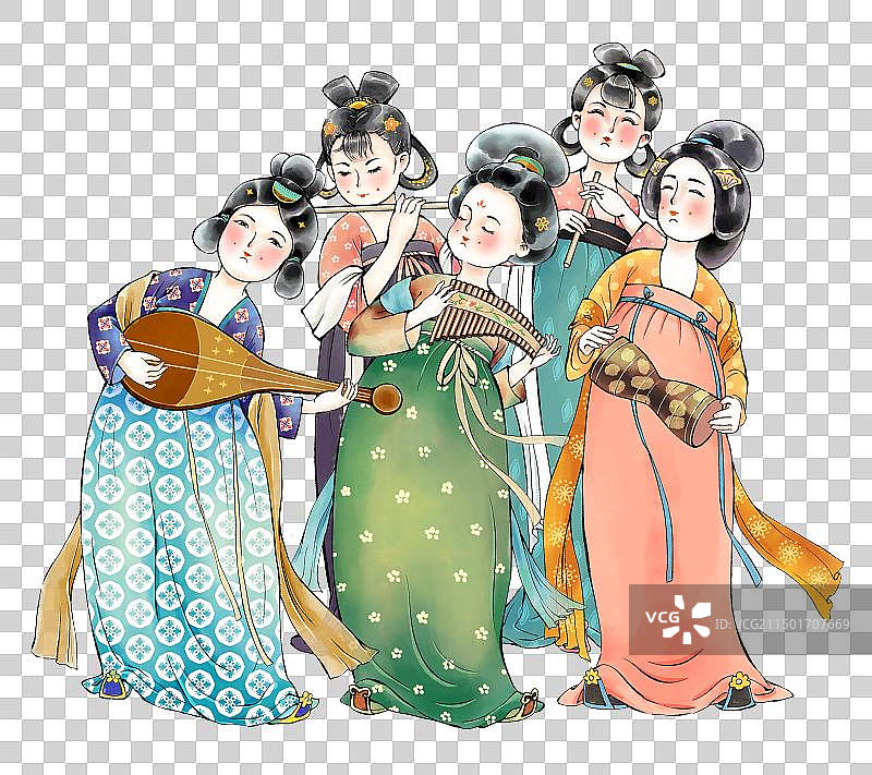 中国风手绘古风唐朝汉服人物与民族乐器传统文化插画素材元素，吹拉弹唱的舞乐师。图片素材