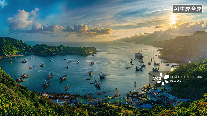 【AI数字艺术】美丽的日落在热带海洋与长尾船在南部图片素材