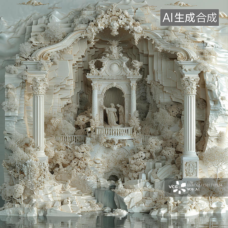 【AI数字艺术】白色大理石雕塑宫殿和人物图片素材