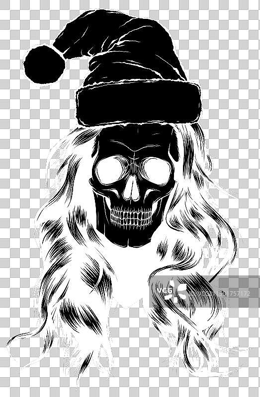 戴圣诞老人帽的骷髅白色剪影图片素材