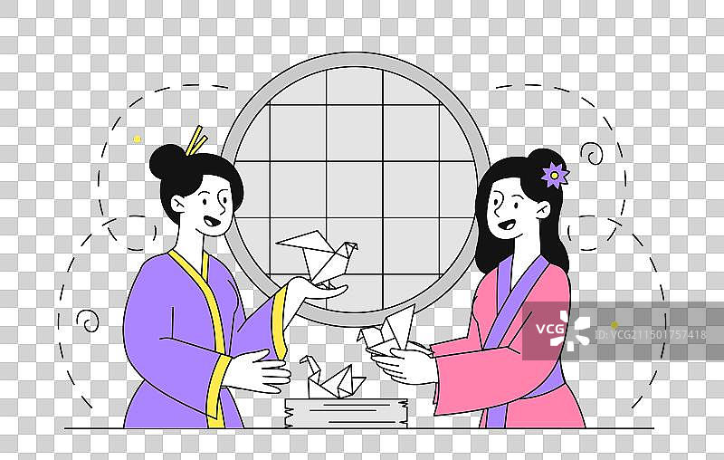玩折纸的日本女子线性图图片素材