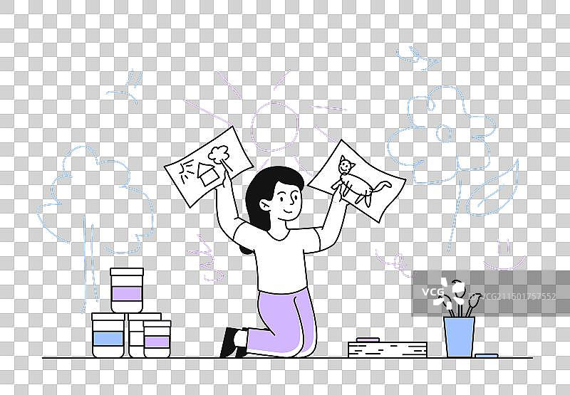 女孩在儿童房里画线性图图片素材