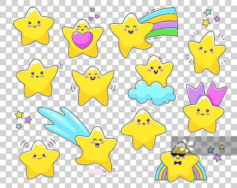 卡通可爱滑稽卡哇伊星星角色在天空图片素材