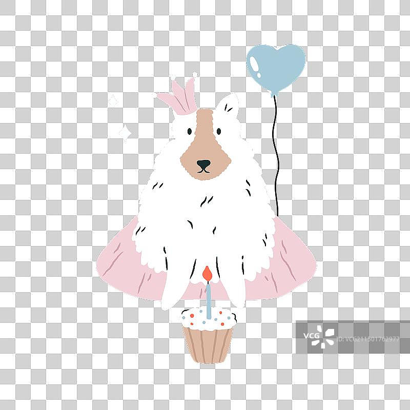 戴皇冠的狗坐在纸杯蛋糕和气球旁边图片素材