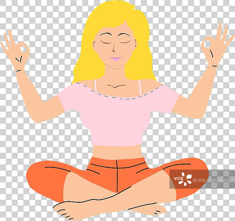 橙色背景下的冥想姿势金发女郎图片素材