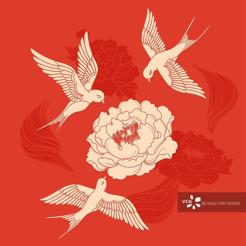 燕子燕窝牡丹花中国纹样国潮插画图片素材