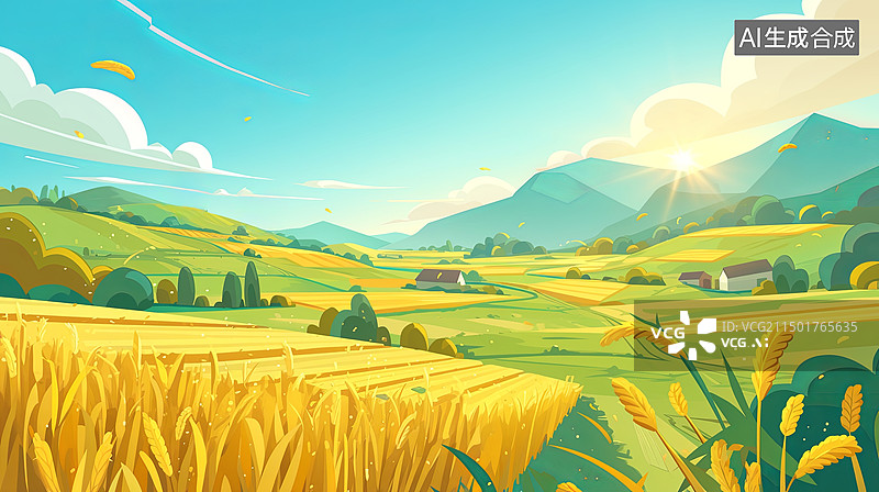 【AI数字艺术】金色麦子丰收芒种节气插画图片素材
