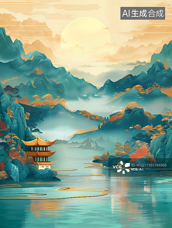【AI数字艺术】中国风中国山水亭台风景湖泊河流背景插画图片素材