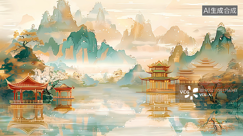 【AI数字艺术】中国风中国山水亭台风景湖泊河流背景插画图片素材