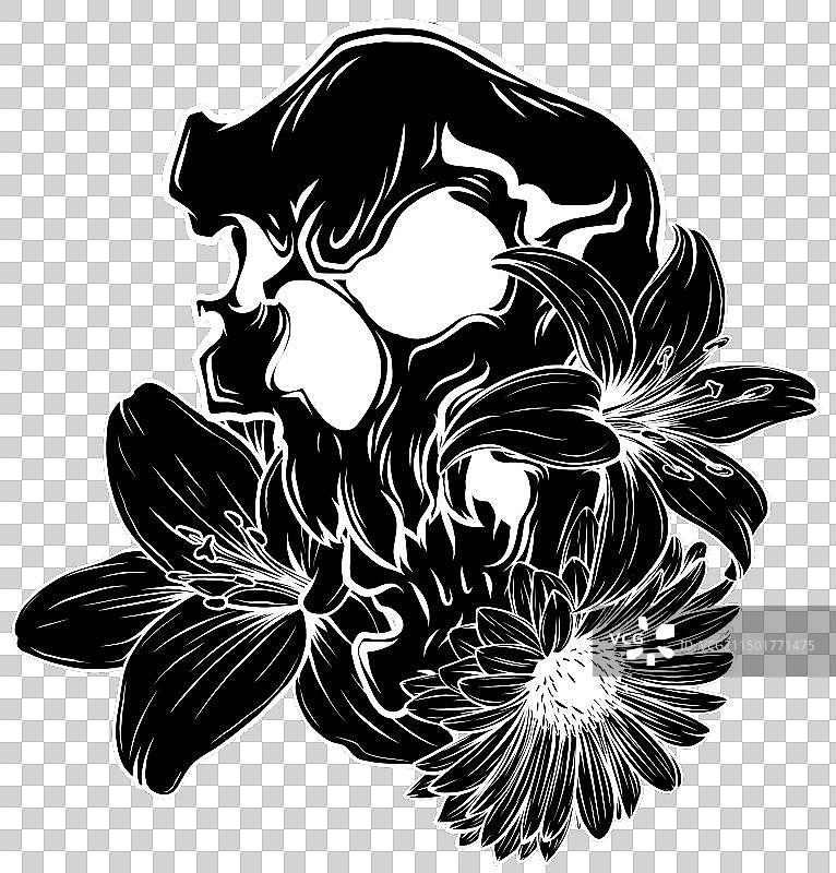 白色骷髅和花朵剪影图片素材