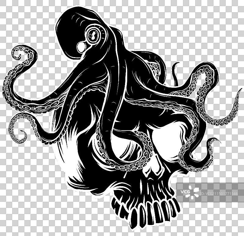 人类头骨上的白色章鱼剪影图片素材