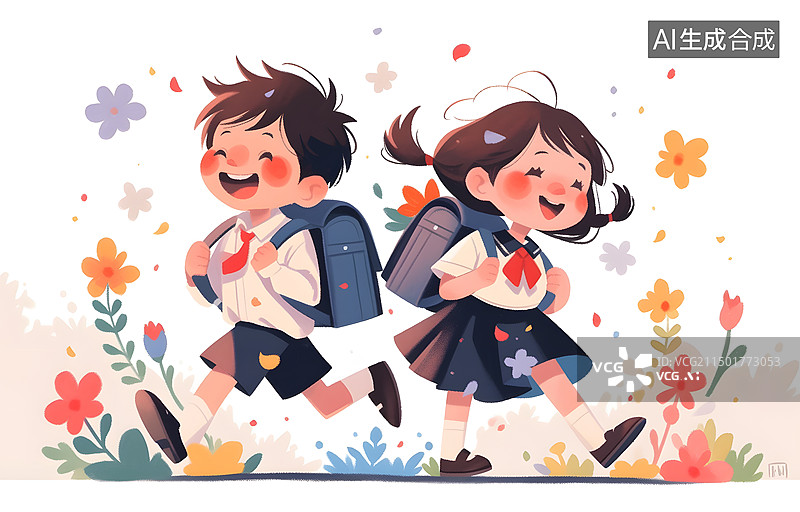 【AI数字艺术】学生背着书包开心上学手绘插画图片素材