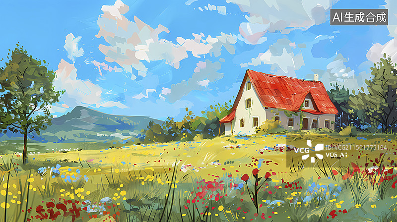 【AI数字艺术】乡村远山木屋风景油画插画海报背景图片素材