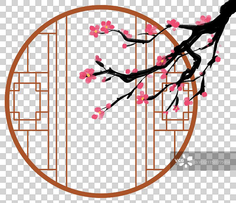 古风窗户边框花卉自然装饰手绘插画元素图片素材