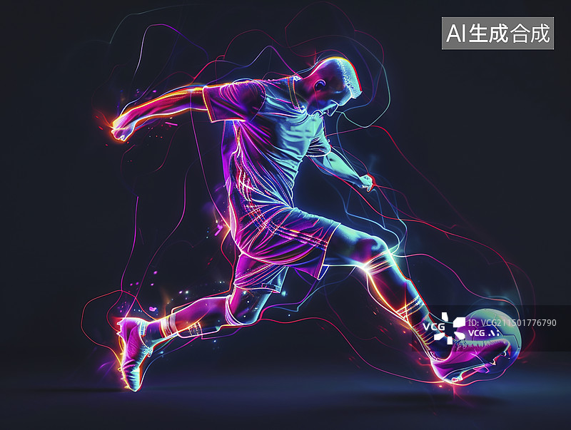 【AI数字艺术】踢足球的运动员赛博朋克线条风图片素材