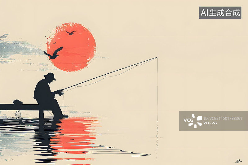 【AI数字艺术】垂钓极简插画背景图片素材
