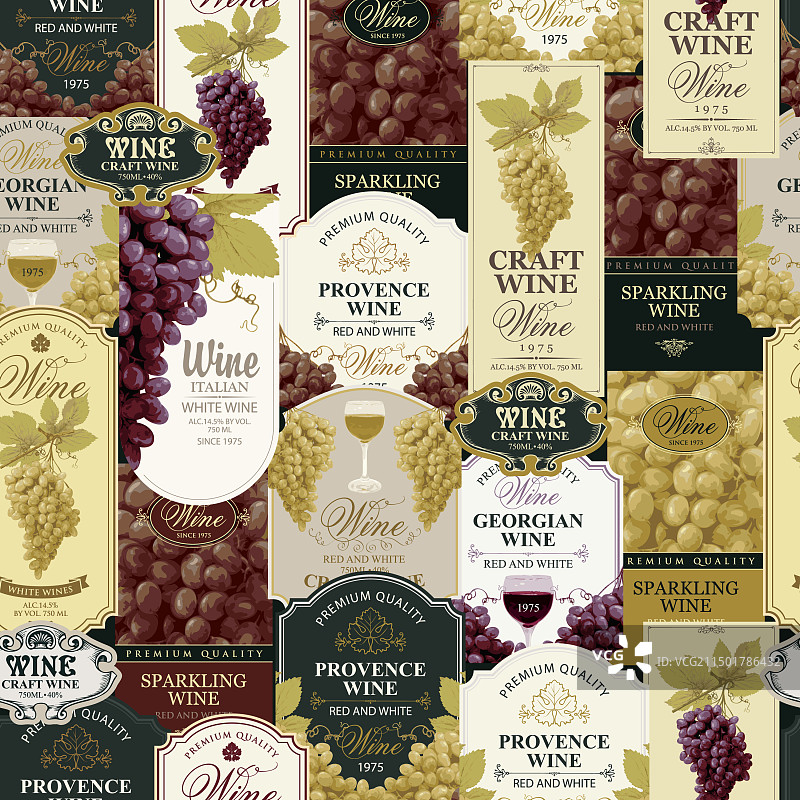 带有华丽葡萄酒标签的无缝图案图片素材