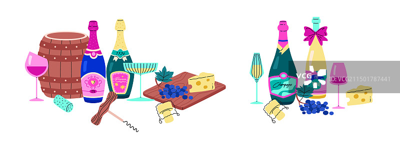 葡萄酒瓶、奶酪和玻璃杯构图图片素材