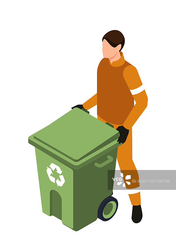 人物移动白色背景上的绿色回收箱图片素材