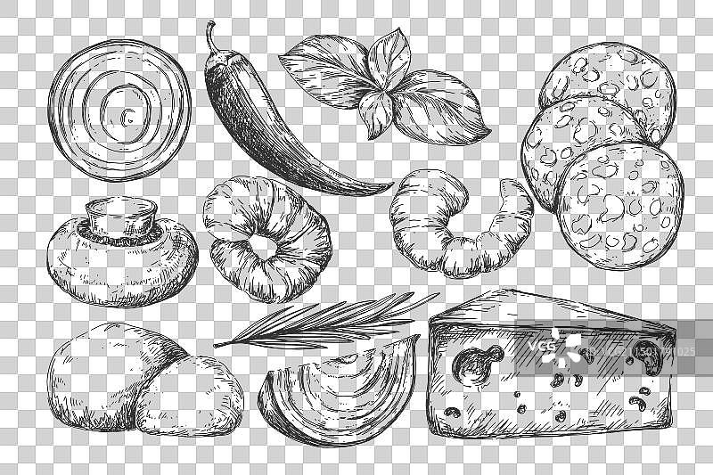 披萨食物配料复古墨水素描图片素材