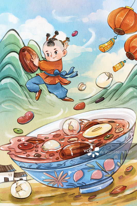 手绘水彩中国风之腊八节腊八粥与功夫男孩可爱治愈插画图片素材